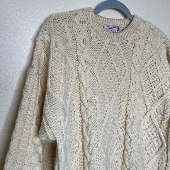 Vintage Highland Home 100% Wool Cream Cable Knit Fisherman Sweater Unisex Medium - Picture 2 of 13